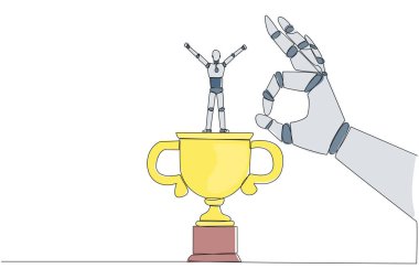 Single continuous line drawing the smart robot standing on big trophy. Celebrating the success of business. Got fraudulent business opponents. Falling helpless. One line design vector illustration clipart