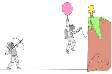 Single continuous line drawing astronaut wants to achieve prizes at the peak of the career. Getting resistance from all directions. Painful failure. The traitor. One line design vector illustration