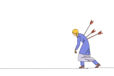 Single continuous line drawing Arab businesswoman stands and several arrows stuck in the back. Attacked from behind. Destroyed and helpless. Fake partner. Traitor. One line design vector illustration