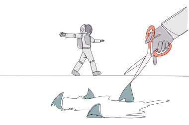 Continuous one line drawing the astronaut walking across on tightrope. A metaphor pursuing a career. Ruined by traitors. Fake friend. Business sabotaged. Single line draw design vector illustration