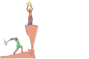 Single one line drawing Arab businesswoman standing on a cliff lifting a star. Envious friend, eating away at success from inside to fall down. The traitor. Continuous line design graphic illustration