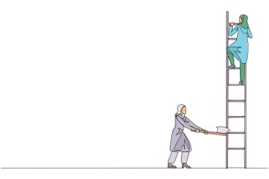 Single continuous line drawing Arab businesswoman climbs ladder to achieve expected reward. Destroyed silently. Business failed to develop. Destroyed by traitors. One line design vector illustration