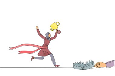 Single one line drawing Arab businesswoman running with trophy. Dangerous business trap. Trap that really brings down business. Fake friend. Traitor. Rival. Continuous line design graphic illustration