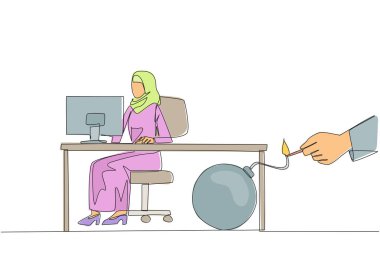 Continuous one line drawing Arab businesswoman typing at computer. Trapped by business partner. Bomb that could explode at any time. Betrayed by colleague. Single line draw design vector illustration