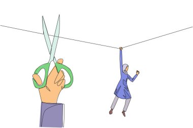 Single one line drawing Arab businesswoman hanging from rope. Big hand want to cut the rope. Maintaining a nearly useless business. Thwarted by traitors. Continuous line design graphic illustration