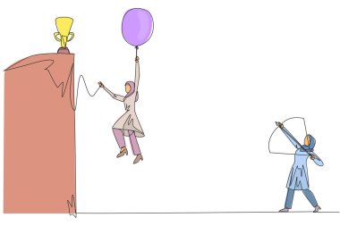 Continuous one line drawing Arab businesswoman wants to achieve prizes at peak of career. Getting resistance from all directions. Painful failure. Traitor. Single line draw design vector illustration