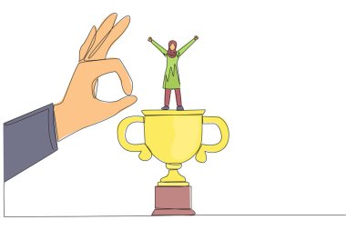 Single one line drawing Arabian businesswoman standing on big trophy. Celebrating success of business. Got fraudulent business opponents. Falling helpless. Continuous line design graphic illustration