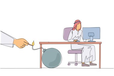 Continuous one line drawing Arab businessman typing at computer. Trapped by business partner. Bomb that could explode at any time. Betrayed by a colleague. Single line draw design vector illustration