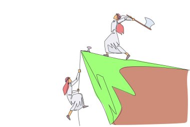 Single one line drawing Arabian businessman climbs cliff with rope. Almost successful. Rudely dropped by a business friend. Fake partner. Worst teamwork. Continuous line design graphic illustration