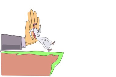 Single one line drawing Arab businessman standing on edge of cliff. Something big wants to bring down the business. Invisible enemy. Bring down competitor. Continuous line design graphic illustration