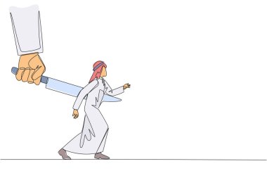 Continuous one line drawing Arab businessman stabbed in back by large knife. Cheated to ruin by a colleague. An enemy disguised as a friend. The traitor. Single line draw design vector illustration