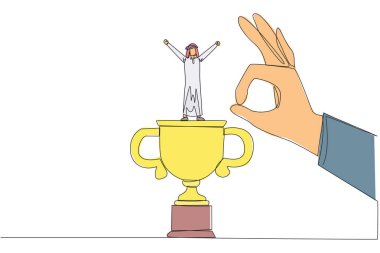 Single continuous line drawing Arabian businessman standing on big trophy. Celebrating the success of business. Got fraudulent business opponents. Falling helpless. One line design vector illustration