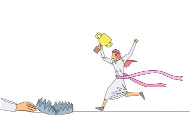 Single one line drawing Arab businessman running with trophy. Dangerous business trap. Trap that really brings down business. Fake friend. Traitor. Rival. Continuous line design graphic illustration
