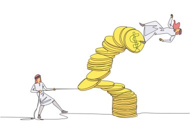 Single one line drawing Arab businessman pull one of piles of coins who made person on top fall. Business fraud. Misappropriation of office money. Traitor. Continuous line design graphic illustration