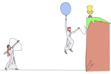 Single continuous line drawing Arab businessman wants to achieve prizes at the peak of the career. Getting resistance from all directions. Painful failure. Traitor. One line design vector illustration