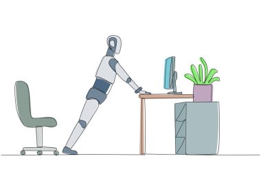 Single one line drawing robot do push up movements by holding edge of work table. Tutorial robots. Provide guidance on how to exercise while in the office. Continuous line design graphic illustration