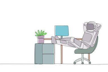 Continuous one line drawing astronaut sits in work chair with his hands behind head and his legs raised on work desk. Relaxing. Take a break from routine. Single line draw design vector illustration clipart