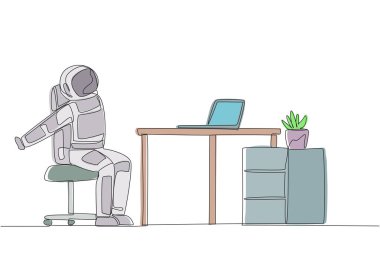 Single continuous line drawing astronaut sitting in work chair stretching arms behind back. Relax. Stretch arms because hand muscles are starting to feel stiff. One line design vector illustration