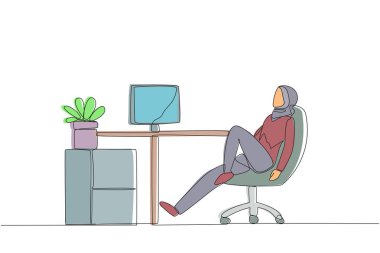 Single one line drawing Arab woman sits in work chair with one of legs raised and folded. Relax after focusing on work. A short break from routine. Hectic. Continuous line design graphic illustration