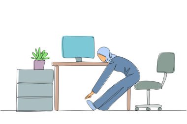 Continuous one line drawing Arabian woman sitting in work chair with legs straightened. Stretching. Focus improves. Not sleepy. Completed work. Hectic. Single line draw design vector illustration