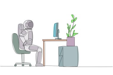 Continuous one line drawing astronaut sitting in a work chair with hands holding his waist. Stretching the waist. Nervousness makes it feel stiff. Spaceman. Single line draw design vector illustration