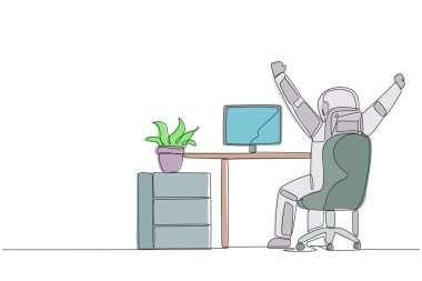 Continuous one line drawing astronaut sit on chair opening and raising his hands. Stretching. Squirming. Releasing fatigue due to lots of work. Spaceman. Single line draw design vector illustration