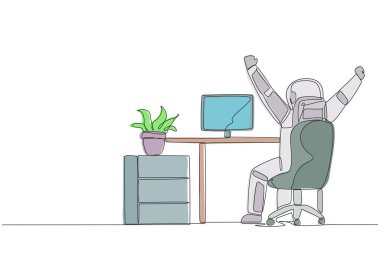 Continuous one line drawing astronaut sit on chair opening and raising his hands. Stretching. Squirming. Releasing fatigue due to lots of work. Spaceman. Single line draw design vector illustration clipart