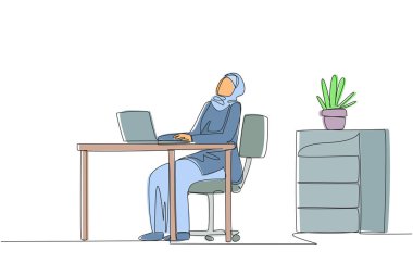 Single one line drawing Arab woman sitting in work chair typing on laptop with head tilted. Stiff neck. Less stretching. Less relaxed. Too serious. Hectic. Continuous line design graphic illustration