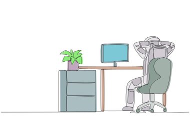 Single continuous line drawing astronaut sitting in chair with his hands holding the back of head. Rest while monitoring the location of the space expedition. One line design vector illustration