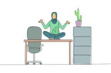 Single one line drawing Arabian woman sitting cross-legged on a work desk. Do yoga activities while at the office. Makes the mind calm and focused better. Continuous line design graphic illustration
