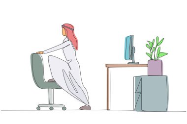 Single continuous line drawing Arab man stands while lifting one of his legs onto a chair. Stretch the legs. Avoid minor injuries to the foot. Exercise and work. One line design vector illustration