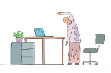 Single continuous line drawing Arabian woman stands while raising one hand and tilting body. Stretching. Keeping fit and in shape during overtime on the weekend.One line design vector illustration