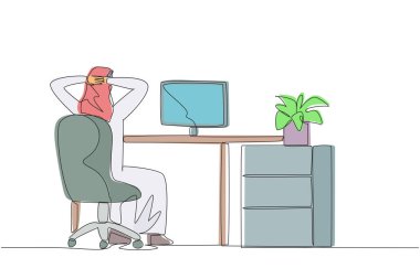 Continuous one line drawing Arab man sitting in chair with hands holding back of head. Off cam. Stretch the neck during online meetings. Listen seriously. Single line draw design vector illustration