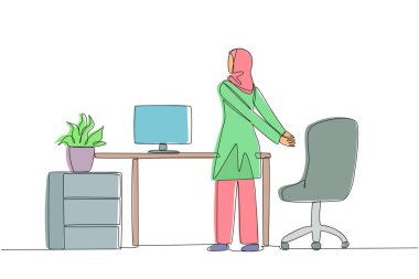 Single continuous line drawing Arabian woman stands with her hands behind her back. Stretching while reviewing the many reports that have been received. Overtime. One line design vector illustration