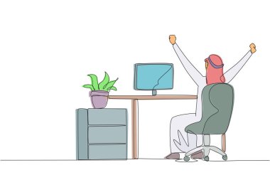 Single one line drawing Arab man sit on chair opening and raising hands. Stretch the body. Raise the hands as high as possible. Makes the body more relaxed. Continuous line design graphic illustration