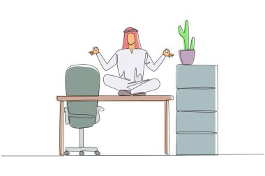 Single one line drawing Arabian man sitting cross-legged on a work desk. Requires calm in thinking. Can't be careless. Relaxing the mind. Stretching body. Continuous line design graphic illustration