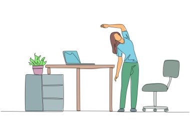 Single one line drawing woman stands while raising one hand and tilting body. Doing exercise during work. Functions to eliminate drowsiness. Overtime. Continuous line design graphic illustration