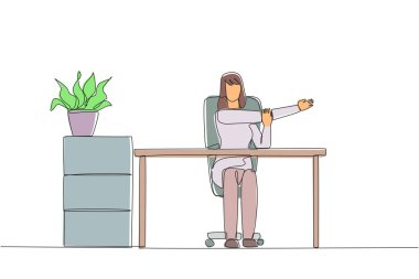 Single continuous line drawing woman sitting in work chair with arms crossed. Stretch to relax hand and finger muscles. Create multiple reports. Hectic. Overtime. One line design vector illustration