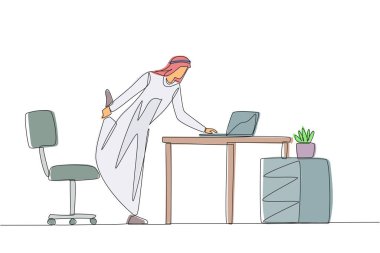 Single continuous line drawing Arab man standing with one leg raised and his hand typing on a laptop. Keep doing light exercise even though have an online meeting. One line design vector illustration