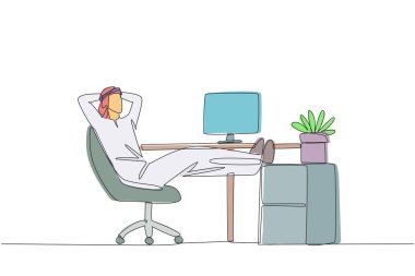 Continuous one line drawing Arab man sits in work chair with his hands behind head and his legs raised on work desk. Relax. Ready to meet the next deadline. Single line draw design vector illustration
