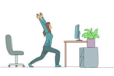 Single one line drawing woman stands with both hands raised and legs stretched. Relax while working. Calming mind. Focus even if work overtime on weekends. Continuous line design graphic illustration