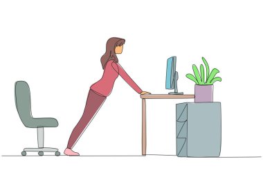 Continuous one line drawing woman do push up movements by holding edge of work table. Overcome boredom with light exercise. Helps stay focused. Overtime. Single line draw design vector illustration