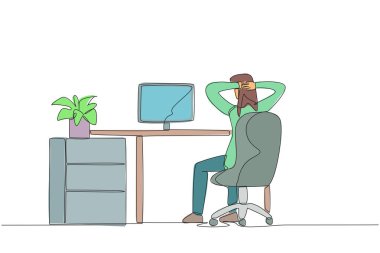 Single continuous line drawing woman sitting in chair with her hands holding the back of head. Flustered. Do a little movement to relax and feel comfortable. Work. One line design vector illustration