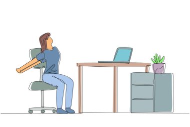 Continuous one line drawing woman sitting in work chair stretching arms behind back. Avoid sprains. Stretch to work smoothly. Overtime on the weekend. Single line draw design vector illustration