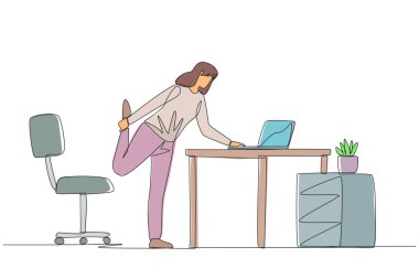 Single continuous line drawing woman standing with one leg raised and her hand typing on a laptop. Nervous. Light exercise helps stay calm. Overtime on the weekend. One line design vector illustration