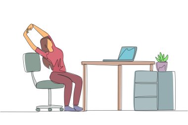 Continuous one line drawing woman sitting in work chair while raising both hands. Tense because too focused. Relax for a moment before continuing work. Single line draw design vector illustration