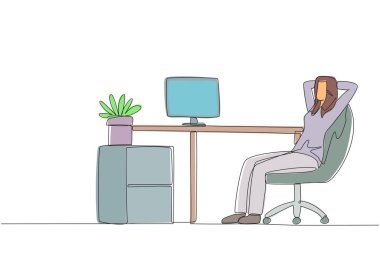 Single one line drawing relaxed woman sitting in a work chair with her hands behind her head. Relax at break time. Monitor work that is still incomplete. Continuous line design graphic illustration