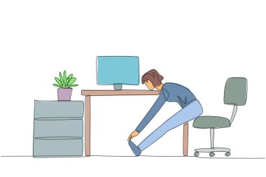 Continuous one line drawing woman sits in work chair with legs straightened, hands hold it. Stretching is necessary to avoid stress. Overtime on weekend. Single line draw design vector illustration