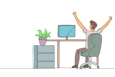 Continuous one line drawing the man sit on chair opening and raising his hands. Seen from behind. Monitoring the work progress. Stretch while overtime. Single line draw design vector illustration