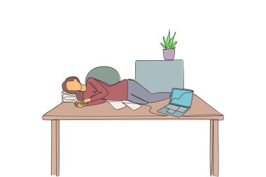 Single continuous line drawing woman fell asleep on the table with a pillow from a pile of papers. Too tired. Sleeping lying on the work desk. Hectic. Overtime. One line design vector illustration